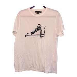 French Connection Embroidered Sneaker Graphic Tee White Knit Black Short Sleeve